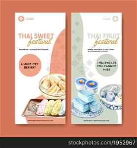 Thai sweet flyer design with pudding, layered jelly illustration watercolor.
