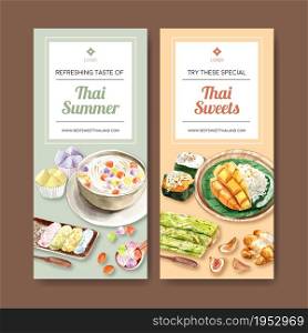 Thai sweet flyer design with sticky rice, thai crispy illustration watercolor.