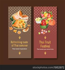 Thai sweet flyer design with thai custard, imitation fruits illustration watercolor.