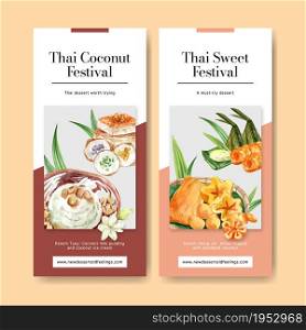 Thai sweet flyer design with thai custard, pudding illustration watercolor.