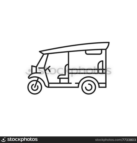 Thai traditional tuk tuk car isolated thin line icon. Vector popular transportation vehicle in Phuket and Bangkok, Thailand. automobile or bike with three wheels, famous retro tricycle, beach car. Traditional Thailand tuk tuk tricycle, beach car