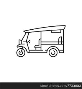 Thai traditional tuk tuk car isolated thin line icon. Vector popular transportation vehicle in Phuket and Bangkok, Thailand. automobile or bike with three wheels, famous retro tricycle, beach car. Traditional Thailand tuk tuk tricycle, beach car