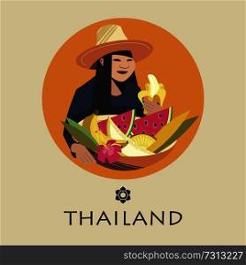 Thai woman in a hat sells exotic fruits. In the basket there are watermelons, bananas, melons, pineapple. Vector illustration. Round emblem.. Thai fruit merchant. Vector illustration.