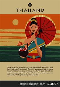 Thai woman in national costume. Girl with a red umbrella and coconut cocktail on the background of the sea landscape. Vector illustration, template, travel website, travel guide.. Thai woman in national costume. A girl with a red umbrella and a coconut cocktail. Vector illustration.