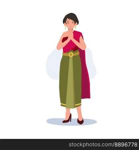 thai woman in Thai traditional costume, say hello Sawasdee. Thai people greeting  Sawasdee . Flat vector illustration