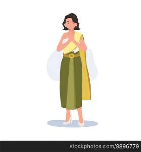 thai woman in Thai traditional costume, say hello Sawasdee. Thai people greeting  Sawasdee . Flat vector illustration