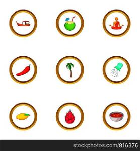 Thailand attraction icons set. Cartoon style set of 9 Thailand attraction vector icons for web design. Thailand attraction icons set, cartoon style