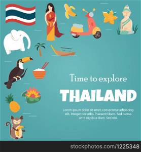Thailand bright poster with landmarks and symbols