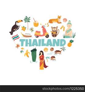 Thailand cartoon vector banner. Travel illustration with landmarks, animals and nature places. Image with tourist attractions.. Thailand cartoon vector banner. Travel illustration