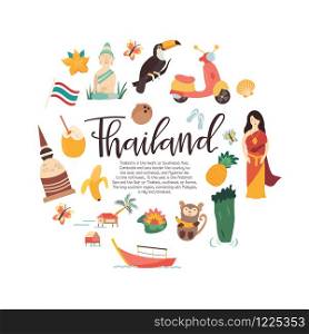 Thailand cartoon vector banner. Travel illustration with landmarks, animals and nature places. Image with tourist attractions. Suitable for prints, advertisment. Thailand cartoon vector banner. Travel illustration
