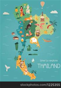 Thailand cartoon vector map with famous destinations, animals, fruits, symbols. Thailand cartoon map with destinations. elements