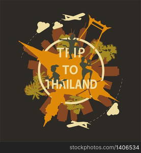 Thailand famous landmark silhouette overlay style around text,vintage design,vector illustration