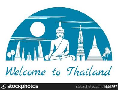 Thailand famous landmark silhouette style inside by blue color half circle shape, text within, vector illustration