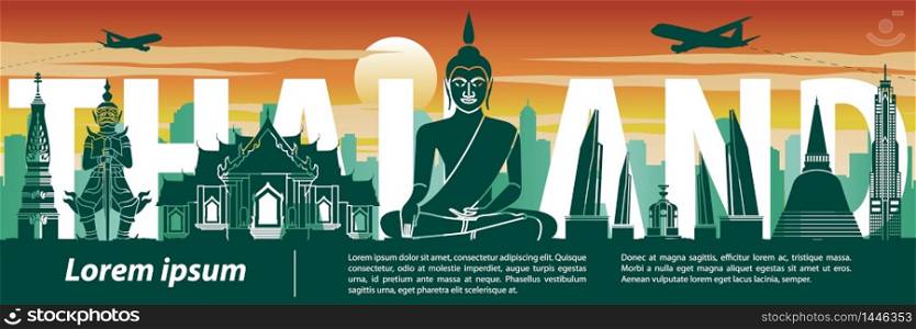 Thailand famous landmark silhouette style,text within,travel and tourism,sunset tone color theme,vector illustration
