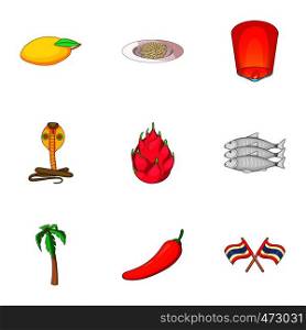 Thailand food icons set. Cartoon set of 9 Thailand food vector icons for web isolated on white background. Thailand food icons set, cartoon style