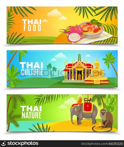 Thailand Horizontal Banners. Thailands food nature and culture flat horizontal banner set for web design and presentation vector illustration