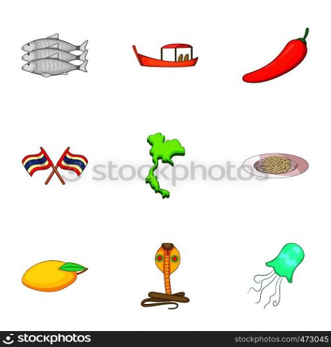 Thailand icons set. Cartoon set of 9 thailand vector icons for web isolated on white background. Thailand icons set, cartoon style