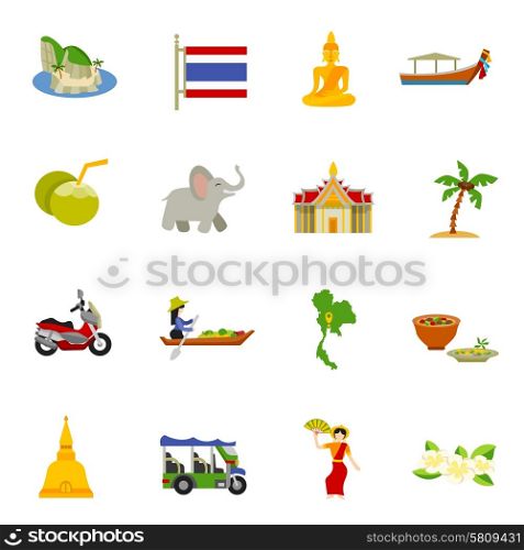 Thailand Icons Set . Thailand icons set with elephants coconuts beaches and boats flat isolated vector illustration