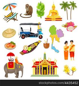 Thailand Icons Set. Thailand icons set with elephants coconuts beaches and boats cartoon isolated vector illustration