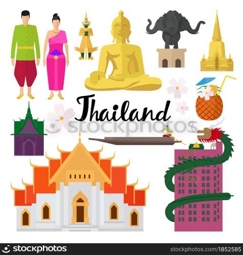 Thailand Landmark Objects Icons Label, Design Elements, Travel Attraction
