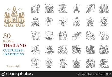 Thailand line icon set vector illustration in cultures,traditions,arts and charming lifestyle concept.Included Loi Krathong festival,monk ordination,buddhist day,Songkran,festival,massage.