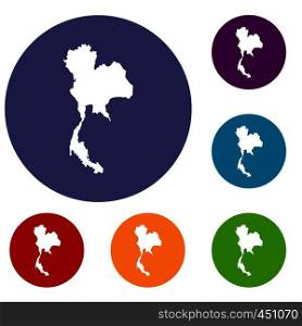 Thailand map icons set in flat circle reb, blue and green color for web. Thailand map icons set