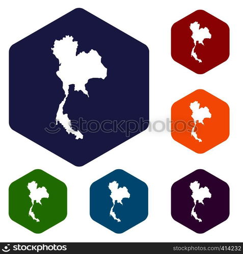 Thailand map icons set rhombus in different colors isolated on white background. Thailand map icons set