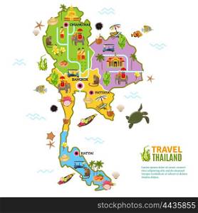 Thailand Map Poster. Thailand poster with map and picture of main attractions and heritage of the country on white background vector illustration
