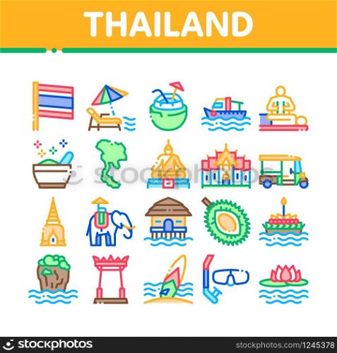 Thailand National Collection Icons Set Vector. Thailand On Geography Map And Flag, Bungalow And Building, Elephant And Tuktuk Concept Linear Pictograms. Color Illustrations. Thailand National Collection Icons Set Vector