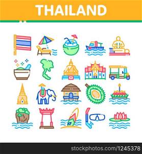 Thailand National Collection Icons Set Vector. Thailand On Geography Map And Flag, Bungalow And Building, Elephant And Tuktuk Concept Linear Pictograms. Color Illustrations. Thailand National Collection Icons Set Vector