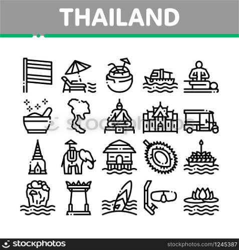 Thailand National Collection Icons Set Vector. Thailand On Geography Map And Flag, Bungalow And Building, Elephant And Tuktuk Concept Linear Pictograms. Monochrome Contour Illustrations. Thailand National Collection Icons Set Vector