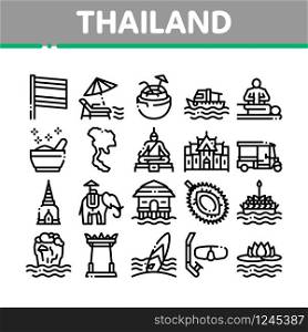 Thailand National Collection Icons Set Vector. Thailand On Geography Map And Flag, Bungalow And Building, Elephant And Tuktuk Concept Linear Pictograms. Monochrome Contour Illustrations. Thailand National Collection Icons Set Vector