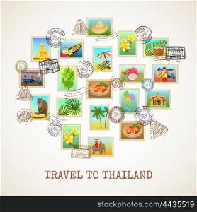 Thailand Postcard Poster. Thailand poster with images of postal stamps with sights flora and fauna of the country vector illustration