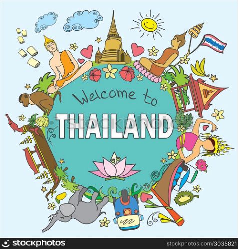 Thailand . Set Thai color vector icons and symbols , vector ill. Welcome to Thailand . Set Thai color vector icons and symbols , vector illustration. Thailand . Set Thai color vector icons and symbols , vector ill