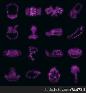 Thailand symbols icons set. Illustration of 16 Thailand symbols vector icons neon color on black. Thailand symbols icons set vector neon