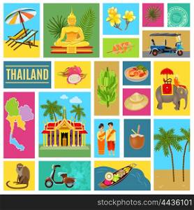 Thailand Tiled Poster. Thailand poster consisting of individual icons with images of main distinguishing features of the country vector illustration