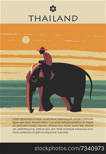 Thailand. Tour on the elephant. Elephant on the background of the sea landscape. Vector illustration. Template for travel website, travel guide.. Thailand. Tour on the elephant. Vector illustration.