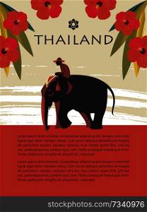 Thailand. Tour on the elephant. Rider on an elephant among the red flowers. Vector illustration. Template for travel website, travel guide.. Thailand. Tour on the elephant. Vector illustration.