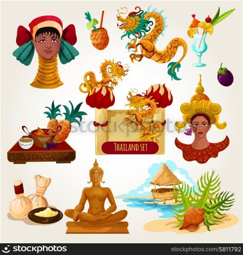 Thailand touristic set with cartoon decorative cocktail buddha statue tropical fruits isolated vector illustration. Thailand Touristic Set