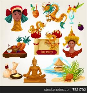 Thailand touristic set with cartoon decorative cocktail buddha statue tropical fruits isolated vector illustration. Thailand Touristic Set