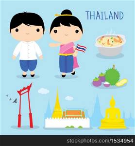 Thailand Tradition Food Place Travel Asia Mascot Boy and Girl Cartoon Vector