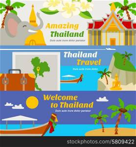 Thailand Travel Banners Set . Thailand travel horizontal banners set with sights beach resorts and map flat isolated vector illustration