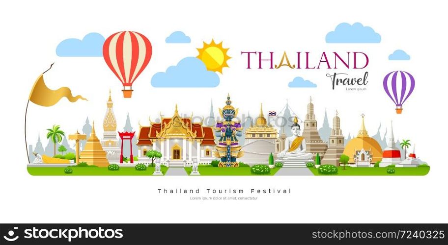 Thailand travel, beautiful building landmark on cloud and sky with Balloon background, vector illustration