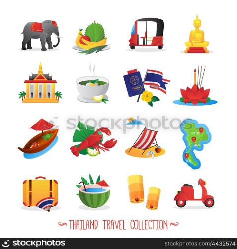 Thailand Travel Flat Icons Collection . Thailand travel symbols flat icons collection with national food buddha figure and lotus abstract isolated vector illustration