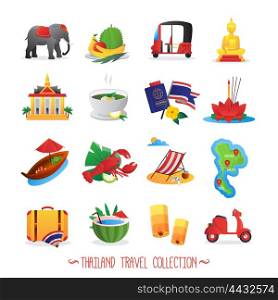 Thailand Travel Flat Icons Collection . Thailand travel symbols flat icons collection with national food buddha figure and lotus abstract isolated vector illustration