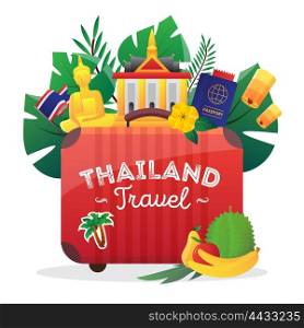 Thailand Travel Flat Symbols Composition Poster . Thailand cultural symbols composition icon for travelers with national flag buddha figure and passport flat vector illustration