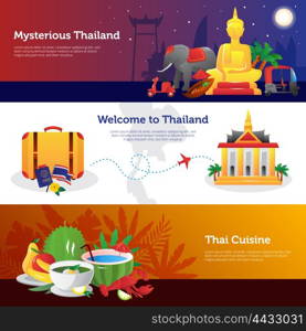 Thailand Travel Horizontal Banners Set . THailand for travelers webpage design with information on transportation thai cuisine and sightseeing abstract isolated vector illustration