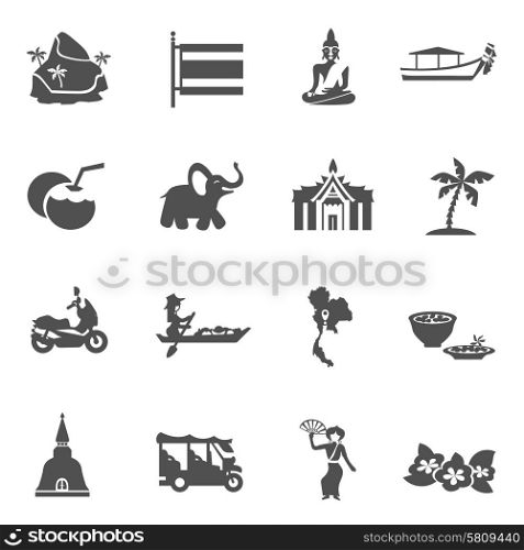 Thailand Travel Icons Set. Thailand travel black white icons set with transport palaces and palms flat isolated vector illustration