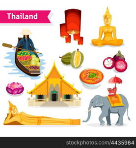 Thailand Travel Set. Thailand travel set with buddha statues temple tropical fruits and lanterns isolated vector illustration