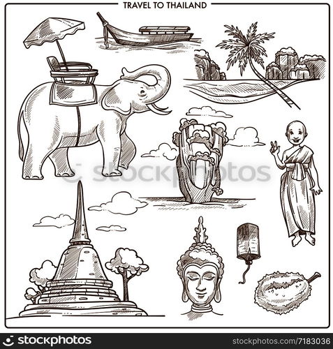 Thailand travel symbols and tourism landmarks sketch icons. Vector Thai ...